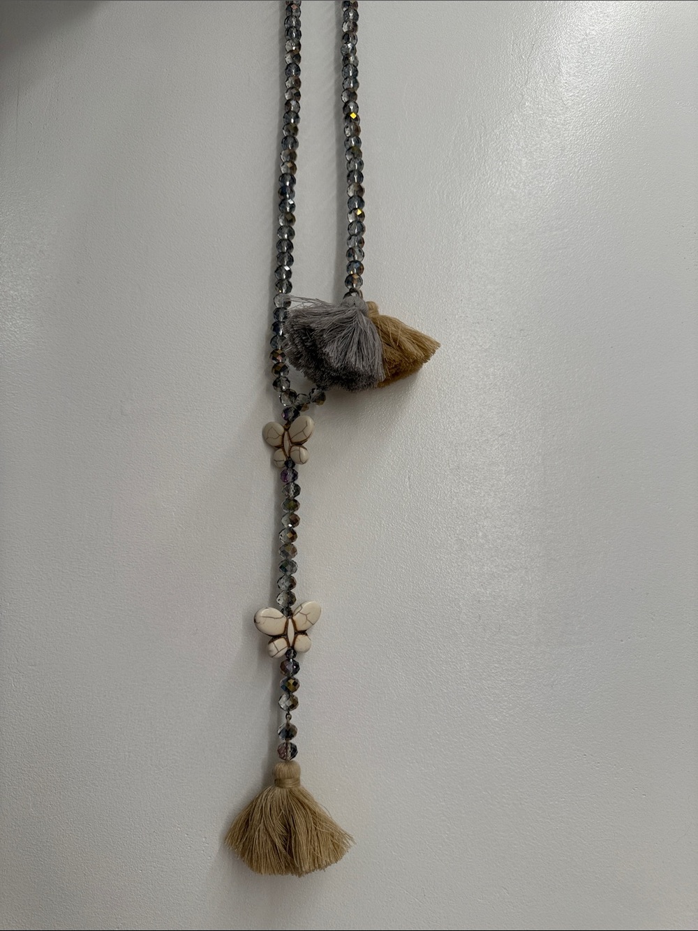 Handmade fuchsia and Tan Beaded Tassel Necklace